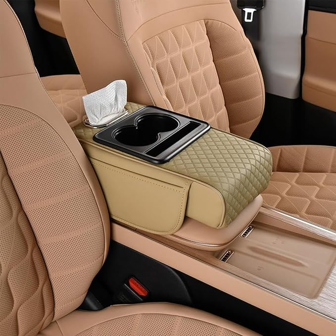 Car Armrest Cushion for Honda Pilot 2023 2024 2025, Leather Arm Rest Cover Center Console Armrest Pillow Armrest Storage Box Pad Multifunctional Accessories Interior Organizers,E/Beige