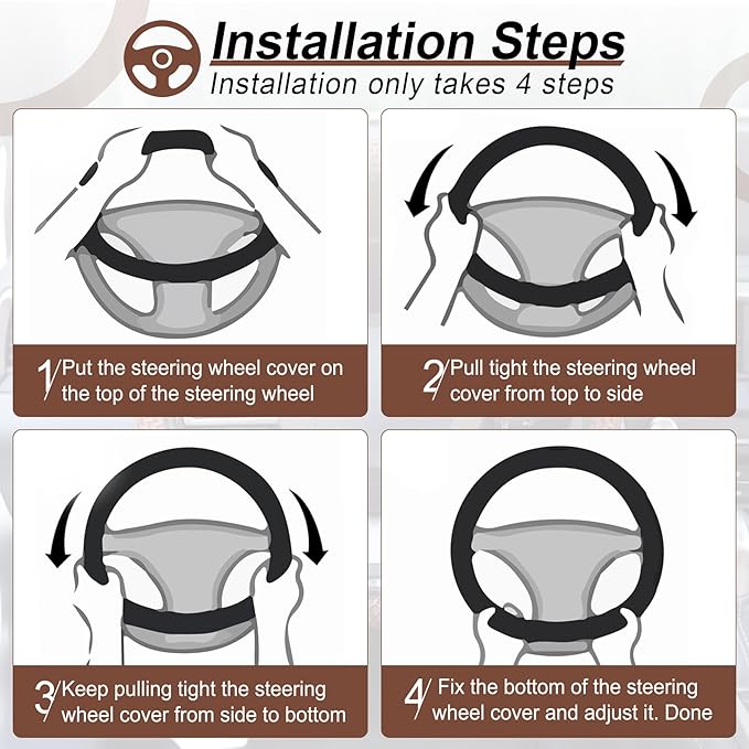 Alpmosn Elastic Stretch Steering Wheel Cover, Breathable Microfiber Ice Silk, Anti-Slip, Easy Carry, Universal Interior Accessories Steering Wheel Cover for Women & Men (Brown-Black)
