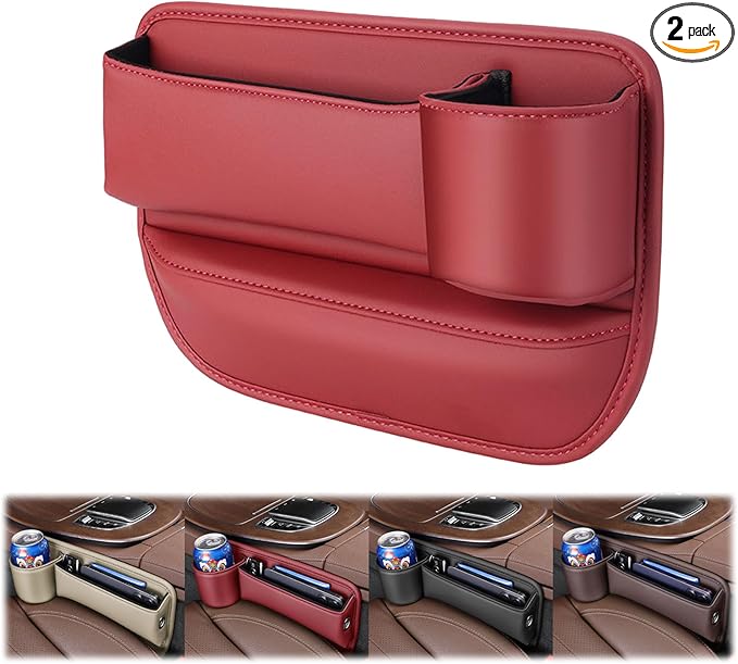Peticehi Car Leather Cup Holder Gap Bag, No Logo Leather Car Seat Storage Box with Water Cup Holder, Car Seat Gap Filler Organizer (for Passenger seat,Red)