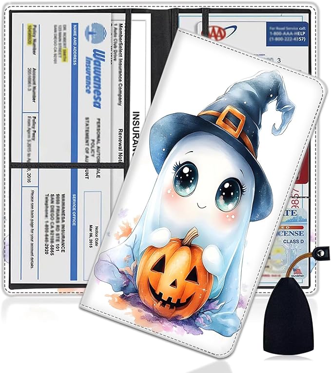 Car Registration Holder, PU Leather Vehicle Glove Box Organizer for Driver License,Document, Car Insurance Holder with Magnetic Shut, Auto Paperwork Wallet Accessories, Cute Ghost + Pumpkin Halloween
