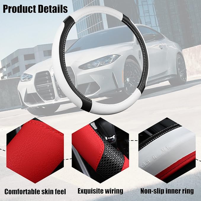 Car Steering Wheel Cover, 14.97 Inch Leather Non-Slip Vehicle Steer Wheel Protector, Soft & Breathable Automotive Interior Protection Accessories, Universal for SUV Sedan Truck (Black/White)