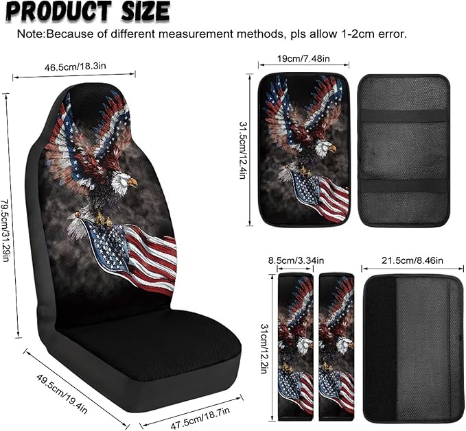 Qeluxign PU Leather Car Seat Covers Set - Includes 2 Seat Protectors, 2 Shoulder Pad Covers, 1 Armrest Cover for Car Decoration,American Flag Bald Eagle