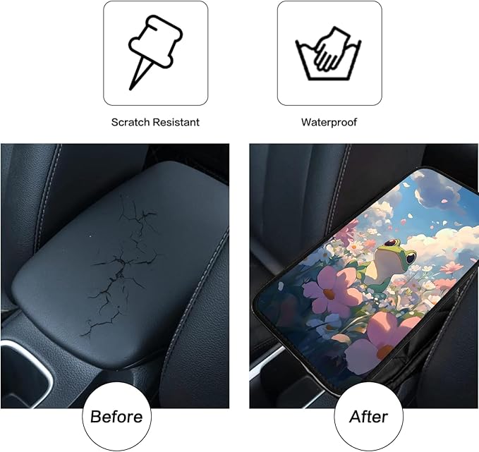 JANENFNA Car Armrest Cover Pads Universal Fashion Cute Auto Center Console Armrest Cover Pad with 2PCS Car Coasters Soft Waterproof Car Armrest Seat Protector for Women,Green Frog in Flowers