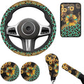 Sunflower Car Accessories 6pcs Set Leopard Hippie Steering Wheel Cover Handbrake Gear Cover Cup Coasters Set for Truck SUV