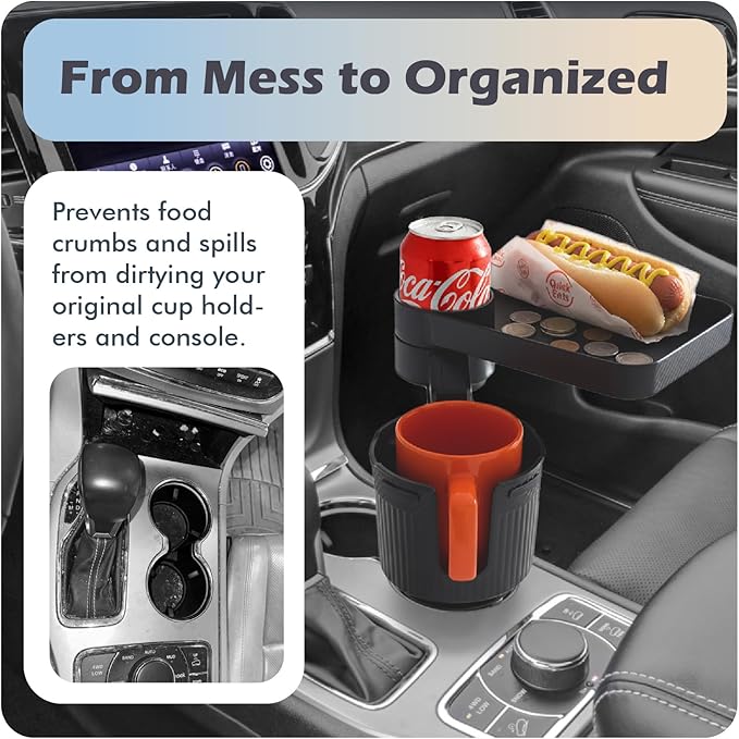 Car Cup Holder Tray, 3 in 1 Cup Holder Expander Adapter for Car, 360° Rotating Detachable 11" Car Food Tray Table for Eating, Road Trip Essentials Fits Yeti, Hydro Flask 16-46 oz, OtterVerz 11