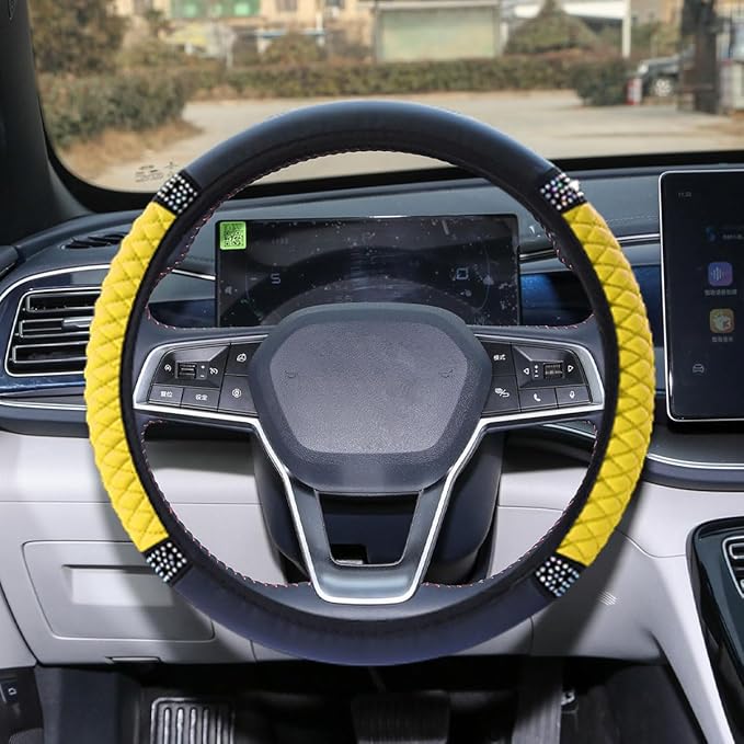Bling Soft Leather Steering Wheel Cover, 15" Anti-Slip Sparkly Crystal Auto Elastic Steering Wheel Protector for Women Girl, Colorful Diamond Car Interior Accessory for Most Cars (Yellow)