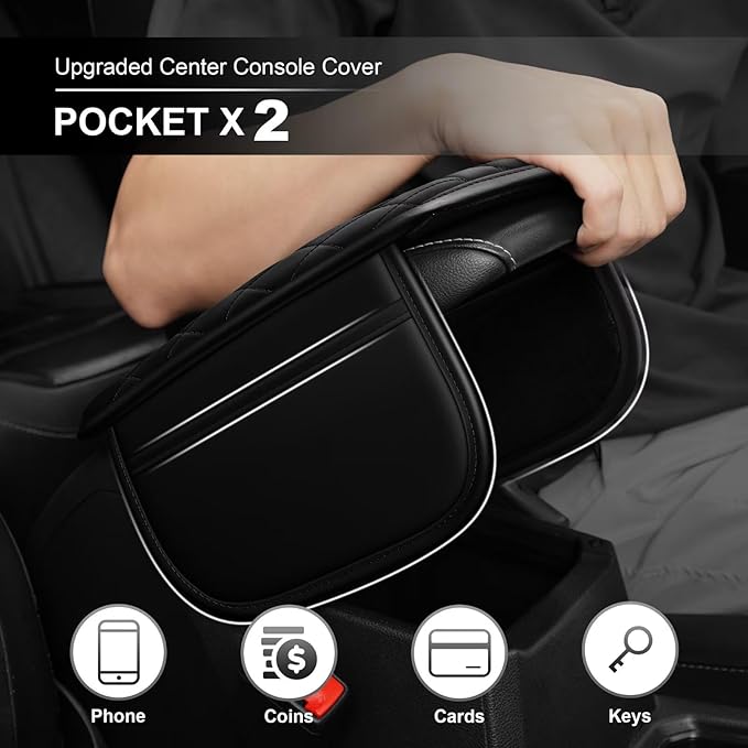 Upgraded Car Center Console Cover Fit for Land Cruiser Faux Leather Car Armrest Cover Cushion with 2 Storage Bags,Car Armrest Storage Box Interior Accessories(Black)