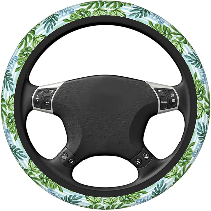 Tropical Leaves Stripes Steering Wheel Cover for Women Men Girls, Car Accessories Decor Thickened Anti-Slip Auto Steering Wheel Covers Protector Universal Fit 15 Inch for Cars, Truck, SUV