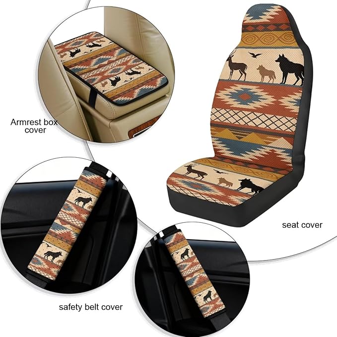 FUSURIRE Aztec Wolf Print Car Interior Accessory Set of 5,PU Front Seat Covers, Seat Belt Covers & Center Armrest Pad,Universal for Car, SUVs,Van,Small Trucks