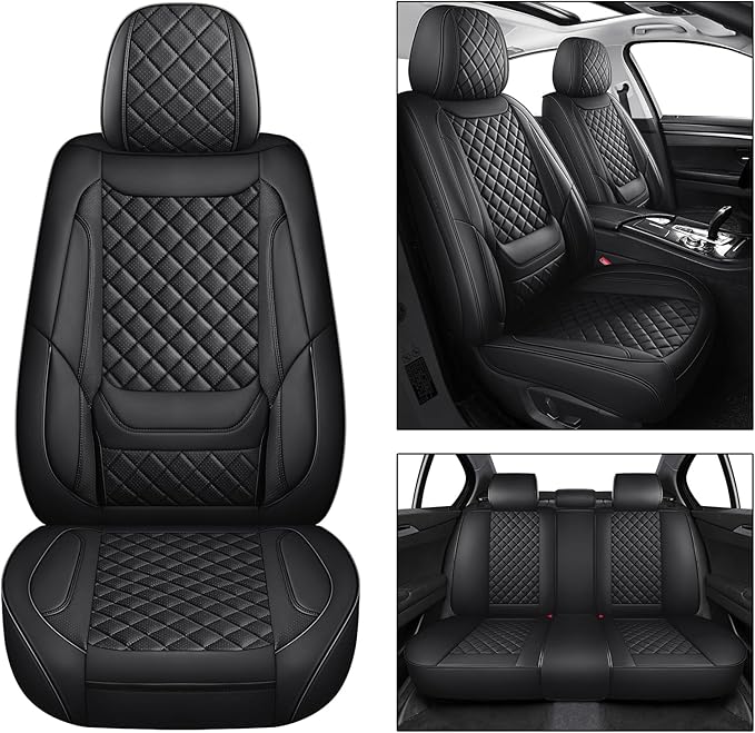 SCOMEE Black Leather Car Seat Covers Full Set Breathable Seat Protectors Waterproof Automotive Seat Covers Universal Fit for Most Cars SUVs Trucks Vehicles