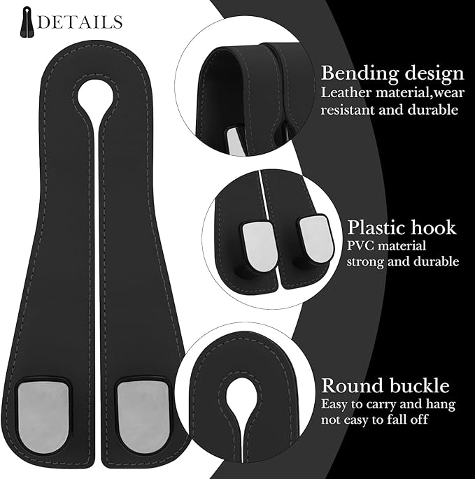 Adorila Car Seat Headrest Hooks - Vegan Leather Double Hook Purse & Phone Holder, Seat Back Organizer for Bags, Clothing & Handbags (Black, 2-Pack)