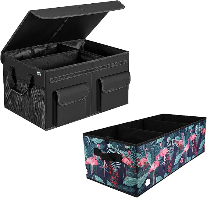 MIU COLOR Car Trunk Organizer with Lid, Foldable Car Storage Organizer with 3 Compartments, 8 Pockets, Leather Handles, Non-Slip Bottom, Car Organizer and Storage for SUV, Van, Grocery, Camping