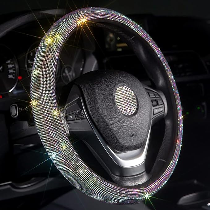 Car Bling Steering Wheel Cover for Women Girls 15 Inch Universal Colorful Crystal Rhinestone Diamond Rainbow Bling Accessories Anti Slip Wheel Protector Sparkling, Black