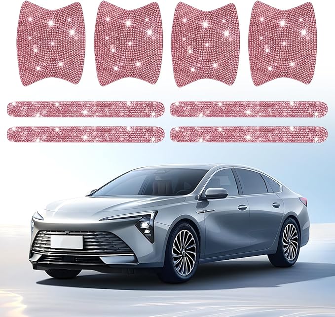 Mandark 8PCS Bling Car Door Handle Protector, Crystal Rhinestone Vehicle Door Bowl Protective Sticker, Glitter Anti-Scratch Auto Decor Decals Accessories, Universal for SUV, Sedan, Truck (Light Pink)