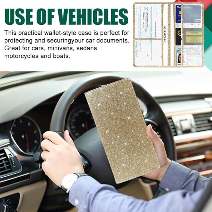 Vehicle Glove Box Car Organizer, Car Registration and Insurance Holder, Insurance Card Holder for Cars, Leather Card Holder Interior Auto Accessories for Women (Glitter-Gold)