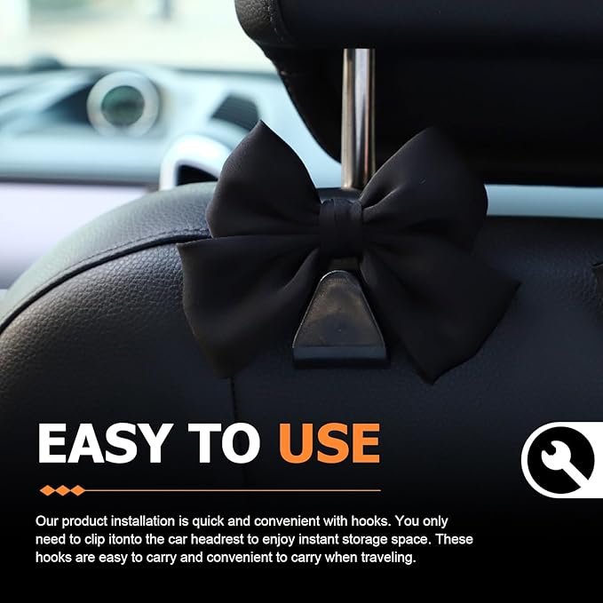 2 PCS Car Seat Headrest Hooks, Bow-Shaped Design Back Seat Storage Hangers, Automotive Purse Hanger for Purses, Bags, Umbrellas, Universal for Most Cars (Black)