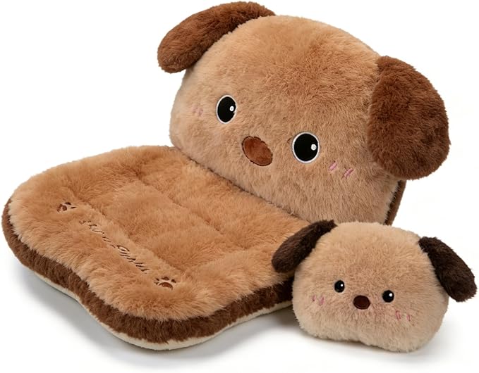 Plush Dog Car Seat Cushion Set with Lumbar Support & Headrest Pillow – Soft Universal Vehicle Interior Comfort Accessory (Brown)