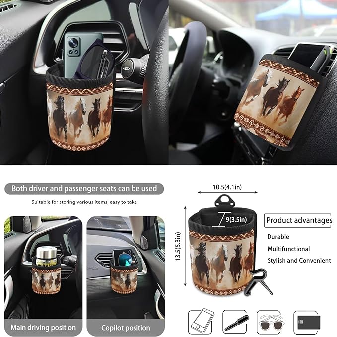 Horse Aztec Printed Car Accessories Sets for Women, Universal Front and Rear Split Bench Seat Covers for Cars with Matching Steering Wheel Cover Trash Can Air Vent Storage Bag Coaster