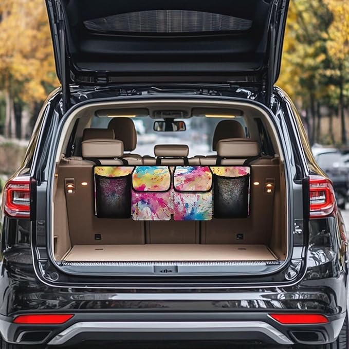 Hanging Trunk Organizer for Car Women Oxford Cloth Car Organization Accessories with 4 Pocekt Reusable Car Back Seat Organizer for SUV/MPV/Truck, Machine Washable, Splash Ink