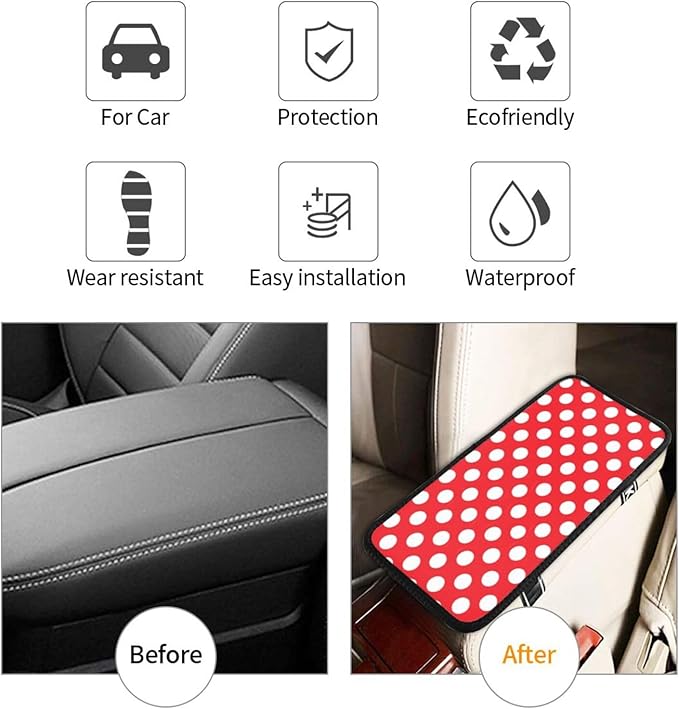 Car Armrest Cover Auto Center Console Pad Arm Rest Cushion Soft Car Accessories Universal for Most Vehicle (Red and White Polka Dot Pattern Design)