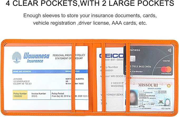 LumiMokki Car Registration and Insurance Holder, Leather Registration and Insurance Card Holder, Vehicle Glove Box Organizer - For Documents, Cards, License (Orange)