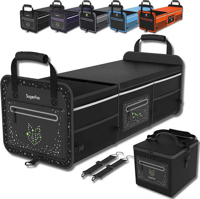 SugarFox 95L Large-Capacity Car Trunk Organizer Includes 26L Ice Pack, Fluorescent Constellation Design, Waterproof & Foldable with Adjustable Straps | For SUVs & Cars (Black-M004)