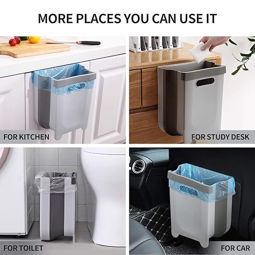 Hanging Collapsible Trash Can - 9L Wall Mounted Foldable Waste Bin for Kitchen Cabinet Door - Quickly Clean Counter, Sink, Bathroom - RV, Car, Camping Folding Garbage Basket (Gray)