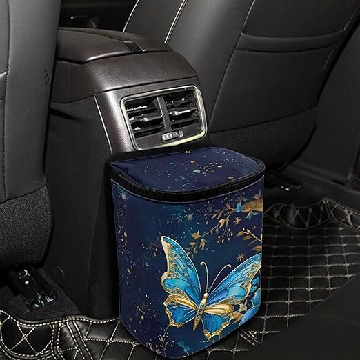 Moon Blue Butterfly Car Trash Can Organizer Accessory Leak Proof Large Capacity Car Garbage Bag with Lid,Hanging for Back/Front/Console，Butterfly Car Interior Accessory