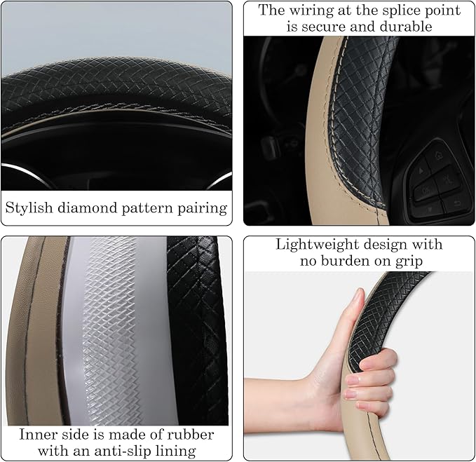 Black & Beige Car Steering Wheel Cover, Microfiber, Leather Patchwork, Universal 14.5-15 Inch Leather Anti-Slip Breathable Auto Steering Wheel Covers for Men Women