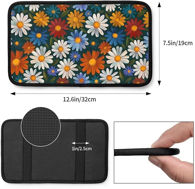 Hippie Floral Car Center Console Armrest Pad Daisy Cute Auto Armrest Seat Box Cover Protector for Vehicle SUV Truck Sedans Universal Car Interior Accessories