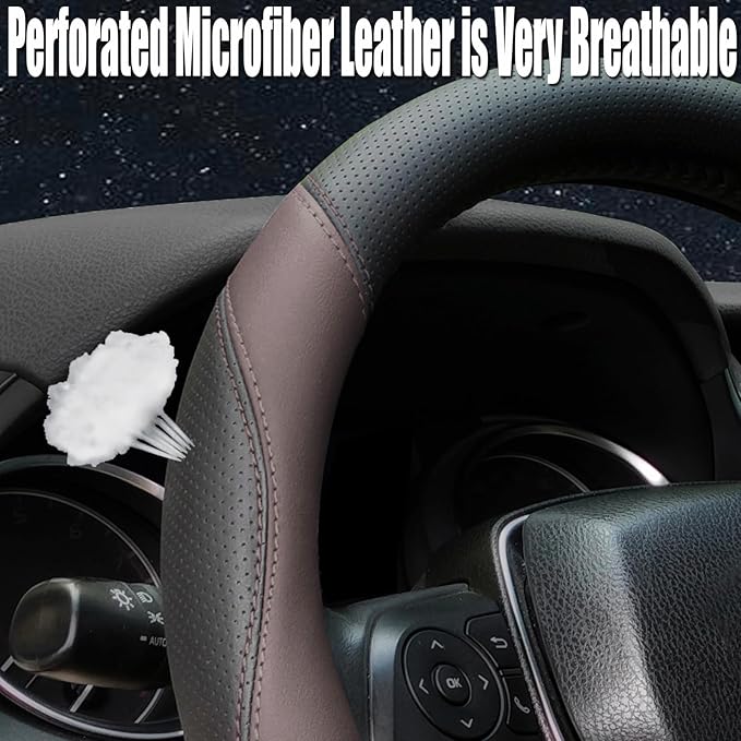 Mihecor Steering Wheel Cover Standard Size 14.5-15 inch, Breathable Microfiber Leather, Anti-Slip, Soft Grip, Fits Most Cars, SUVs, and Trucks, Black and Chocolate Brown