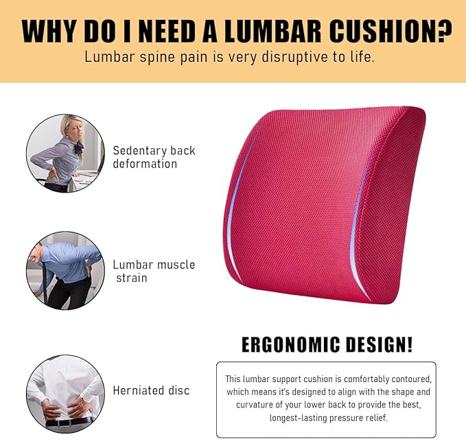 Lumbar Support Pillow, Memory Foam Back Support Cushion, Lumbar Pillow Improving Sitting Posture & Back Pain Relief Suitable for Car, Office Chair, Car Accessories (Rose Red)