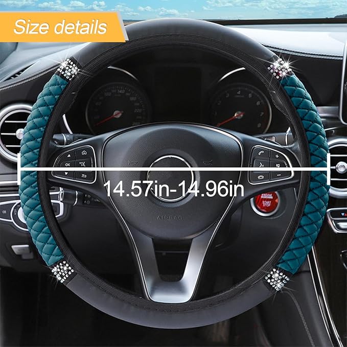 LoyaForba Bling Soft Leather Steering Wheel Cover, 15 In Colorful Rhinestones Auto Elastic Steering Wheel Protector, Sparkly Crystal Diamond for Women Girls, Car Accessories for Most Cars (Dark Green)