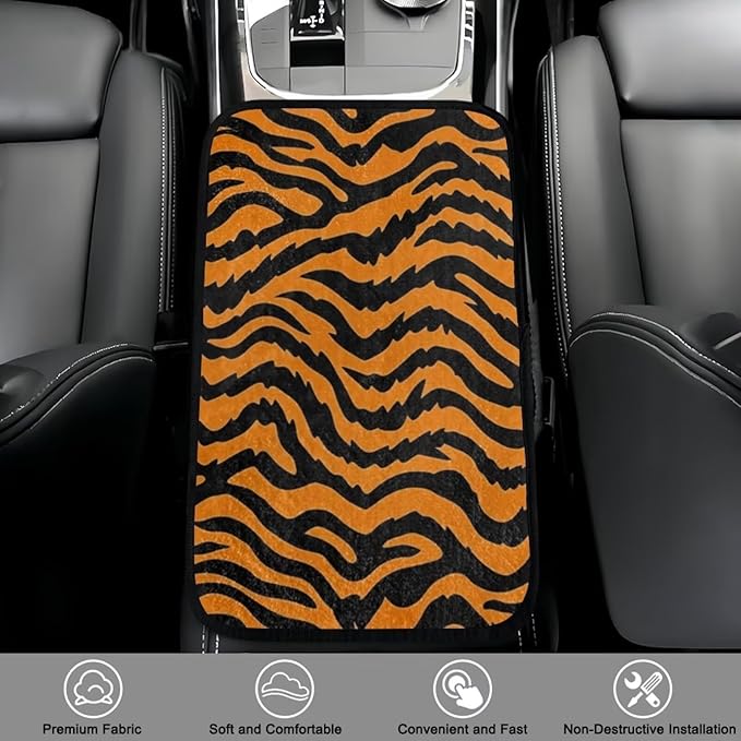 Bulopur Tiger Print Arm Rest Cover Car Flannel Center Console Cover Easy to Install Car Decor Accessories Auto Armrest Console Cover Protector for Most Vehicle, SUV, Truck, Car