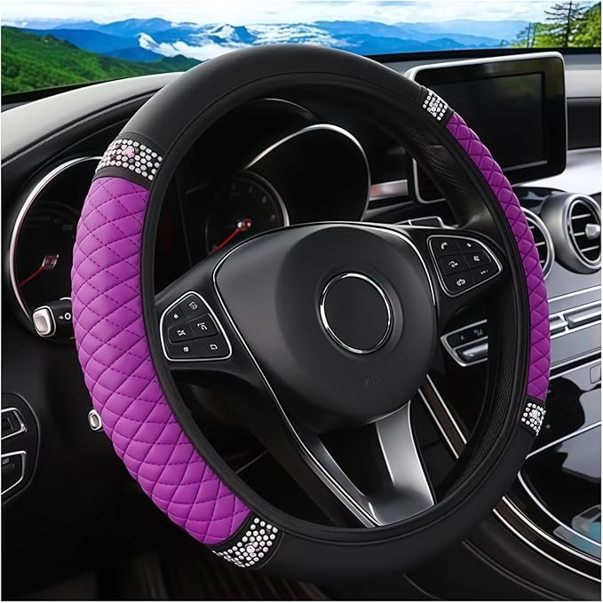 Bling Car Steering Wheel Cover, 15 Inch Crystal Rhinestone Elastic Stretch Leather Steering Wheel Protector, Vehicle Decor Accessories for Women Girls, Universal for RV, SUV, Truck (Purple)
