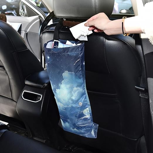 ALAZA Hanging Car Trash Bags Garbage Bag Trash Can for Back Seat Small Cloud Blue Washable Storage Bag Retractable 2 Pack