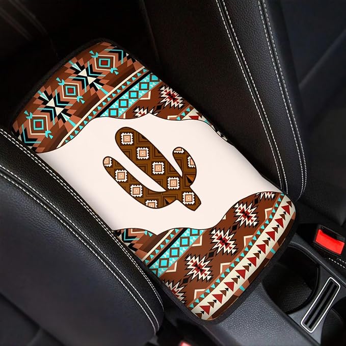 Vehicle Center Console Armrest Cover Pad, Universal Fit Soft Comfort Center Console Armrest Cushion for Car, Aztec Cactus