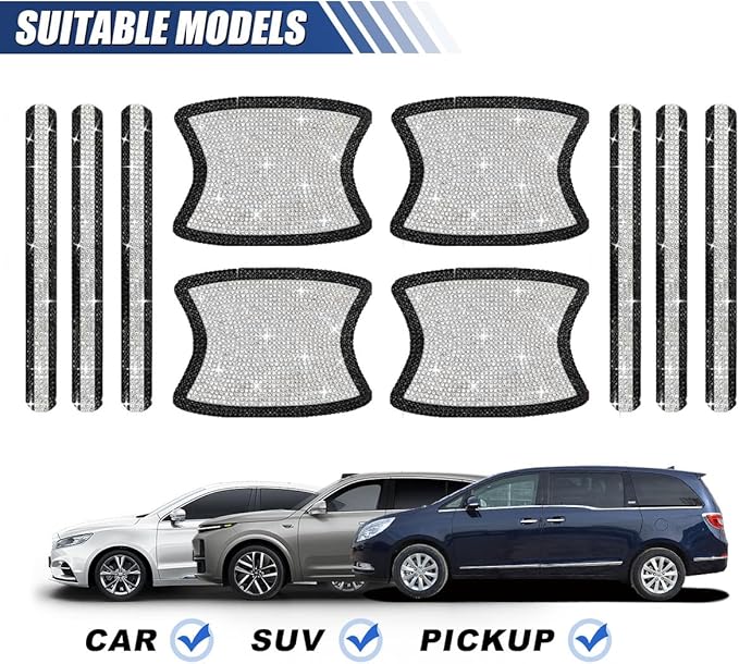 10PCS Bling Car Door Handle Protector, Crystal Rhinestone Anti-Scratch Car Bowl Decoration Sticker Decal, Universal Auto Exterior Door Protective Covers Accessories for Women (Black/White)