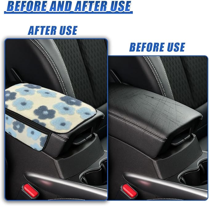 Car Center Console Cover, Soft Fluffy Car Armrest Seat Box Cushion Pad with 2 Storage Bags, Universal Vehicle Interior Protector Accessories for Most Sedans, SUVs, Trucks (Blue)