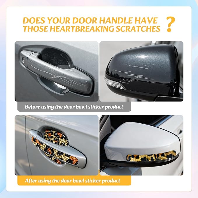 10PCS Bling Car Door Handle Protectors, 4 Door Bowl Stickers + 6 Handle Strips, Crystal Rhinestone Anti-Scratch Car Accessories, Sparkling Auto Decor, Universal for SUV Sedan Truck (Leopard Print)