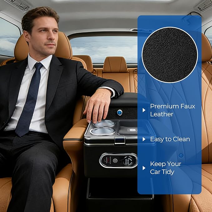 Center Console Organizer for Minivans, SUVs & Middle Van Seats - Floor-Mounted Lockable Storage Box with Dual Cup Holders, 7-Color Ambient Light & Wireless Charging, Ideal for Vehicle Interior