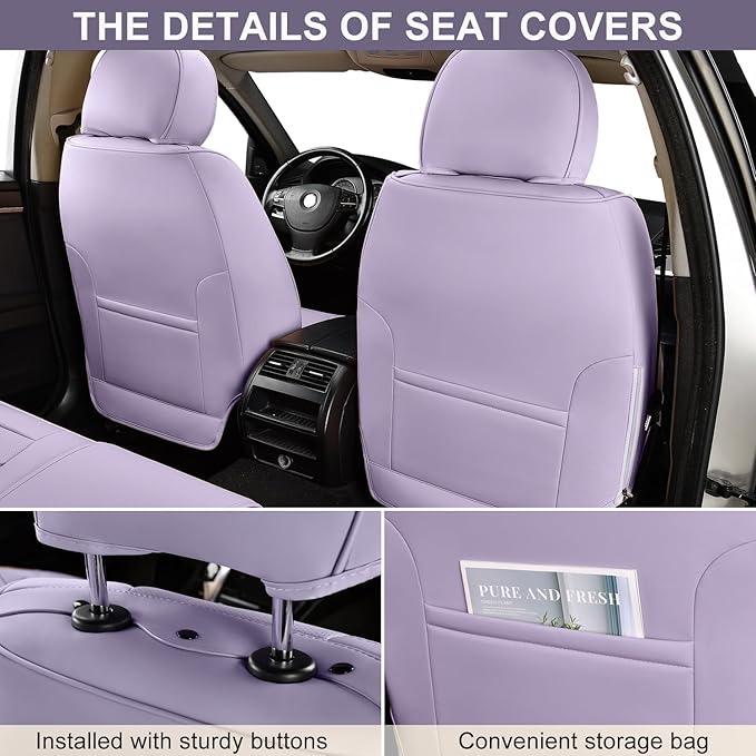 TIEHESYT Leather Car Seat Covers Full Set with Lumbar Support, Waterproof Car Seat Cover, Universal Seat Covers for Cars, Trucks, SUVs, Sedans, Airbag Compatible, Front Pair and Rear, Purple