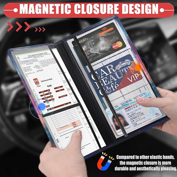 Car Registration Holder, PU Leather Vehicle Card Document Glove Box Organizer, Women Interior Auto Accessories Case for Cards, Driver License Car Insurance Holder, Purple Dark Night Trees Starry Sky