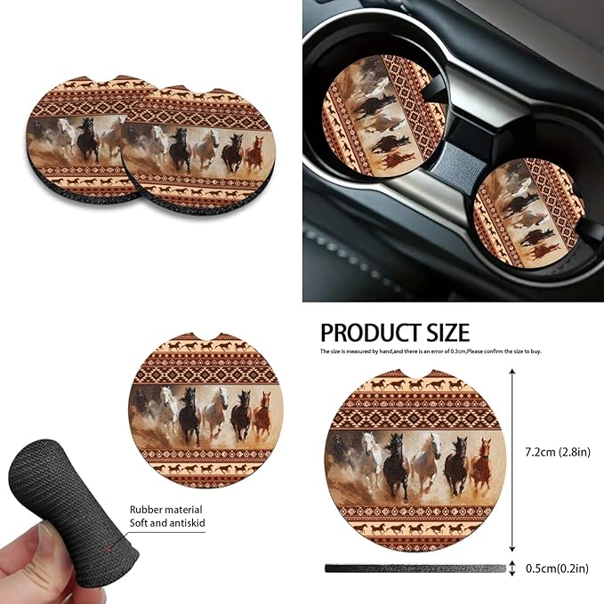 Horse Aztec Printed Car Accessories Sets for Women, Universal Front and Rear Split Bench Seat Covers for Cars with Matching Steering Wheel Cover Trash Can Air Vent Storage Bag Coaster