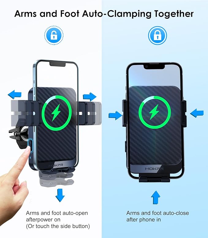 Wireless Car Charger, MOKPR 15W Fast Charging Auto-Clamping Car Charger Phone Mount Air Vent Cell Phone Holder for iPhone 16/15/14/13/13 Pro/12 pro/12/11, for Samsung Galaxy S23/S22/S21/S20, etc