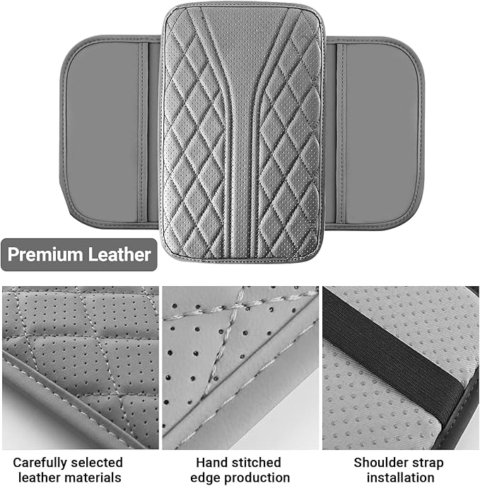 KoiLuvGo Upgraded Car Center Console Cover, Leather Auto Armrest Cover with 2 Storage Bags, Waterproof Center Console Protective Pad, Universal Cars Armrest Storage Box for Sedan, SUV, Truck (Gray)