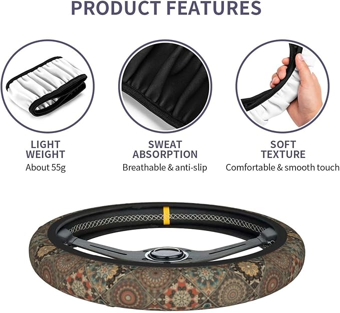 Bohemia Steering Wheel Cover with 2 Car Coasters Non Slip Neoprene for Women Men Universal 15 Inch