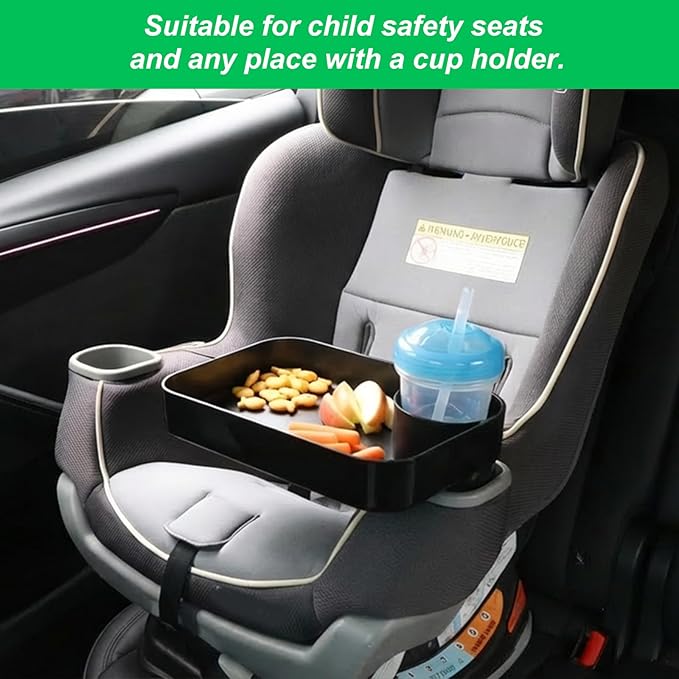 Car Seat Snack Tray for Kids, Square Car Seat Cup Holder Snack Tray with Adjustable Base, Durable CarSeat Tray for Toddlers, Universal Fit for Tesla, Safety Seats, Car Center Consoles (Black)