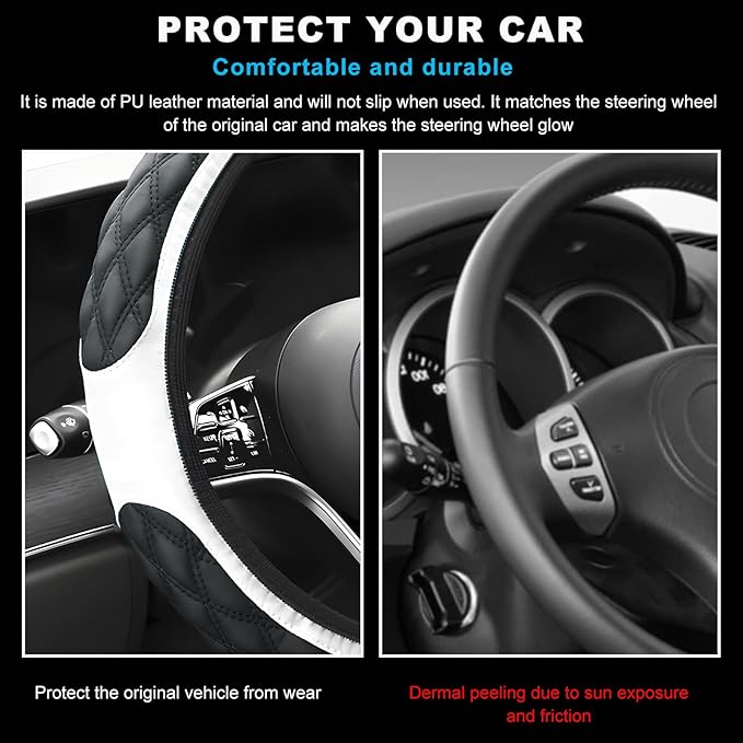 Car Steering Wheel Cover, 15 Inches Non-Slip Leather Car Steering Wheel Protector, Universal Steering Wheel Soft Cover Mats for Car Truck SUV, Interior Car Accessories (White)