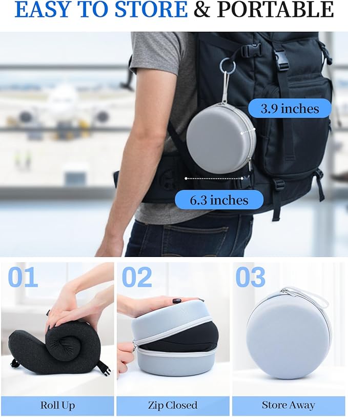 Travel Pillow for Long Flight Airplanes, Head Strap with Soft Eye Mask for Sleep, Memory Foam Travel Neck Pillow for Car Trip Essential, 360° Headrest Support to Stop Bobblehead, EVA Travel Case, Grey